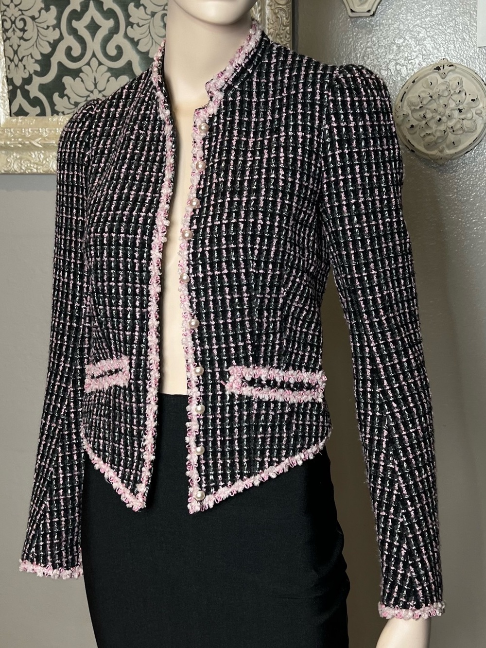 Betsey Johnson Black and Pink Tweed Jacket with Pink Trim